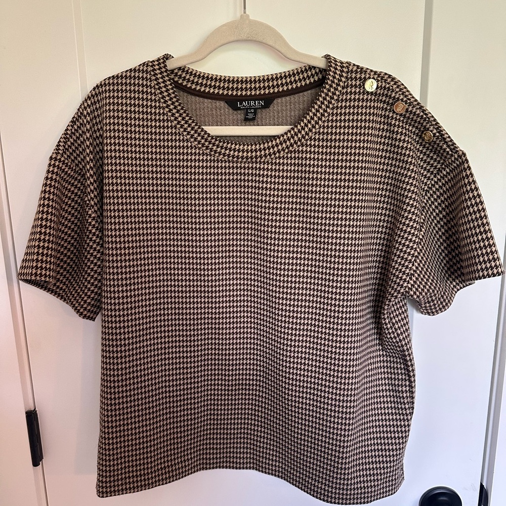 🌟💥 Lauren Ralph Lauren Brown and Beige Boxy Short Sleeve Tee, Size Large, EUC